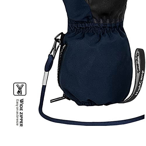 Highcamp Kids Ski Mittens Waterproof Winter Snow Gloves With Zipper And String On Long Cuff For Toddler Boys Girls -Navy,S (3-5 Y) #TOP4