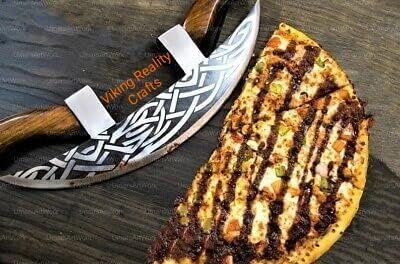 Custom Handmade Viking Pizza Cutter, Professional Pizza Cutter,Two Handed Viking Pizza Cutter,Solid Wood Two Handles,Best Kitchen Accessories,and Christmas Gift for attractive worker, Silver, 14 ''