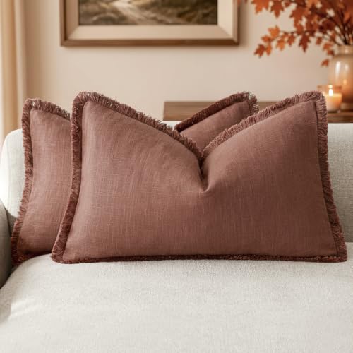 Image of Foindtower Boho Linen Fringe Lumbar Throw Pillow Covers 12x20 Rust Red