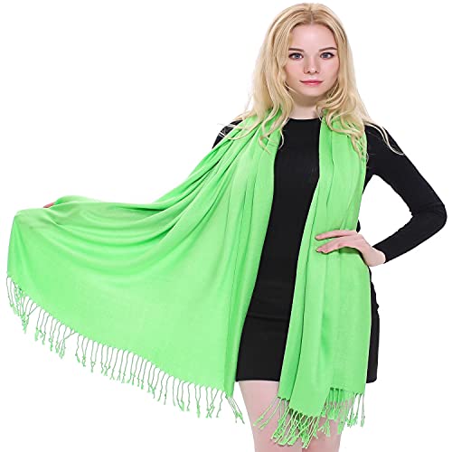 CJ Apparel Bright Green Solid Color Tassels Design Nepalese Shawl Seconds Scarf Wrap Stole Throw Head Wrap Pashmina Hand Made in Nepal New