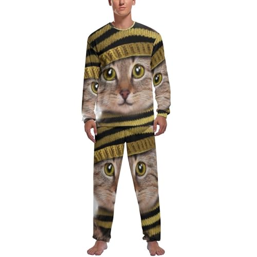 Pyjama homme chat avec écharpe : ensemble haut et bas de nuit à manches longues