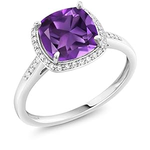 Gem Stone King 10K White Gold Purple Amethyst and Accent Diamonds Engagement Ring For Women (2.05 Cttw, Cushion Cut 8MM, Gemstone Birthstone, Available In Size 5, 6, 7, 8, 9)