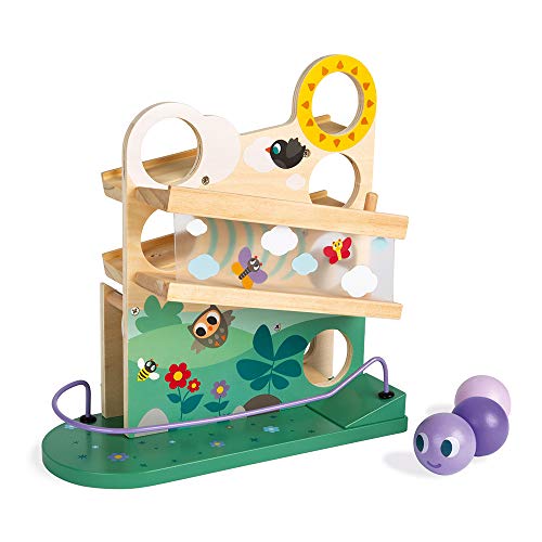 Janod Wooden Caterpillar Ball Track Toy – Educational, Creative, Imaginative, Inventive, and Developmental Play – Montessori, STEM Approach to Learning – Outdoors Theme - Ages 12 Months-3 Years Old