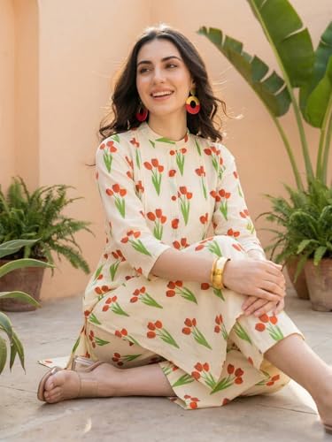 Image of INDO ERA Women Cotton White Printed Straight Kurta Pant Set