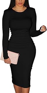 Women's Sexy Bodycon Long Sleeve Round Neck Work Office Midi Pencil Dress