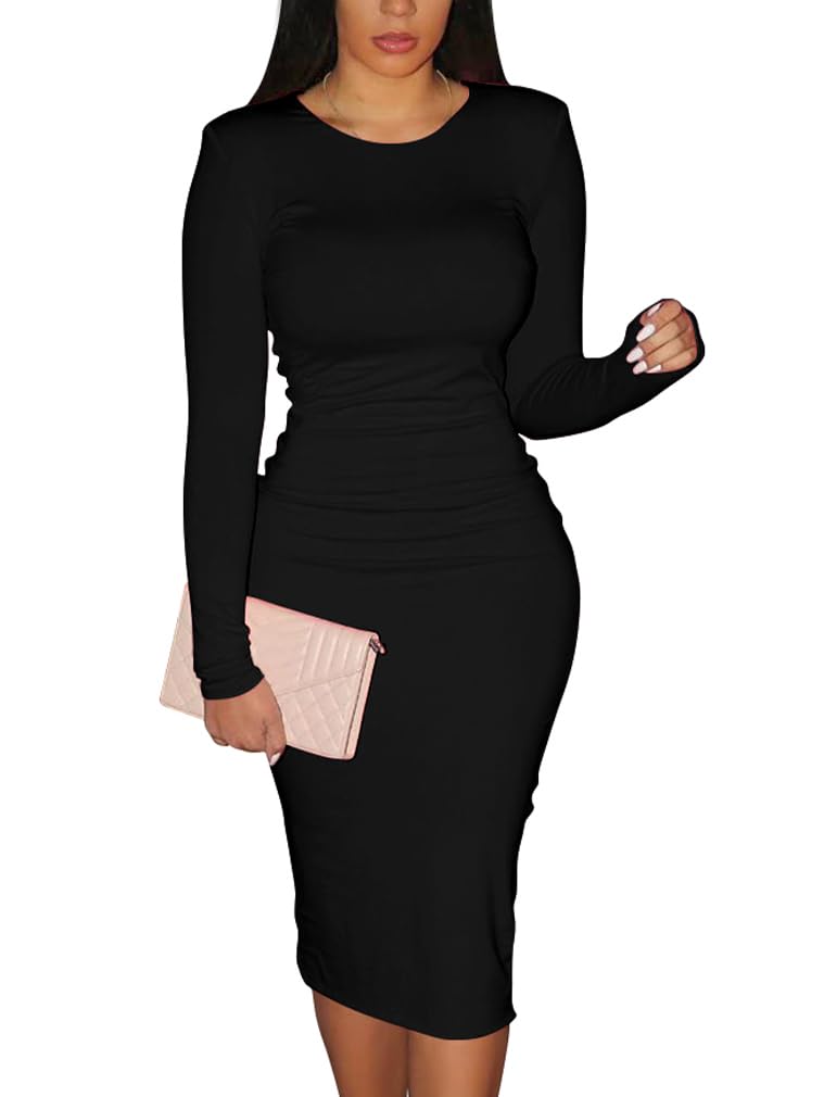 Women's Sexy Bodycon Long Sleeve Round Neck Work Office Midi Pencil Dress