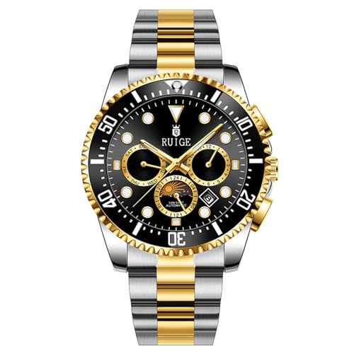 RUIGE Multifunctional Men's Fully Automatic Mechanical Watch Stainless Steel Three Eye six Needle Men's Night Light Waterproof Fashion Trend Business Watch A10 (Black)