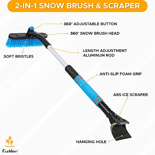 Image of EcoNour 27 inch Extendable Snow Brush and Ice Scraper for Car Windshield | 2-in-1 Telescoping 360 Snow Brush with Pivoting Head | Window Ice Scraper for Snow Removal | Winter Car Accessories