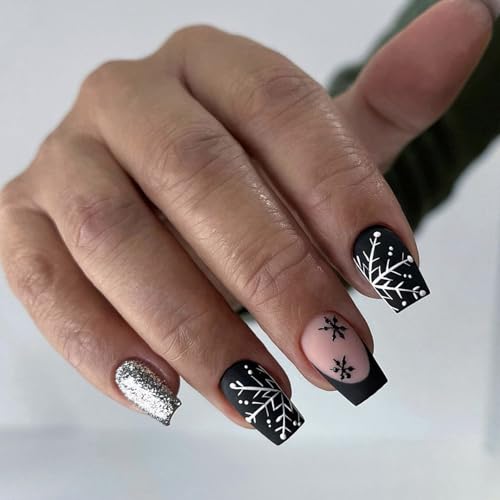 Square Snowflake Press on Nails Short Christmas Fake Nails Black ...