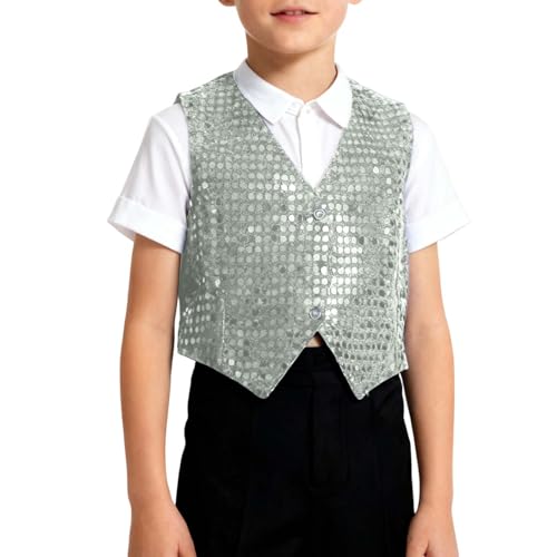 Dog Dresses Vuncio Kids Shiny Sequin Vest Jacket Boys Formal Wedding Party Fancy Glitter Slim Fit Sleeveless Tank Top Teen Boys Elegant Comfortable Carnival Dance Age 2-16 Years (White, 8-9 Years)