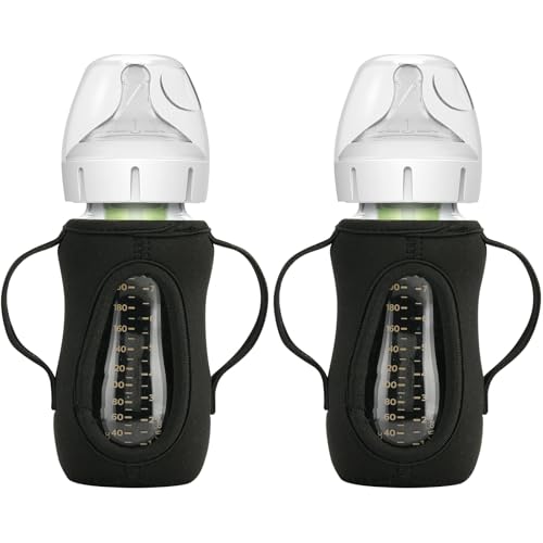 Beautyflier Glass Baby Bottle Sleeve Covers for Dr. Brown's Natural Flow Anti-Colic Wide-Neck Glass Baby Bottles, 3.3mm Thicken Heat and Cold Retention Baby Bottle Sleeve (Black, 2pcs, 9oz/270 mL)