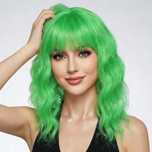 Image of Pastel Grass Green Wavy Bob Wig for Women, Short Shoulder Length Synthetic Wig with Bangs, Matte Natural Realistic Look Lightweight Hairpiece, Green Color for Daily Wear & Cosplay Costume