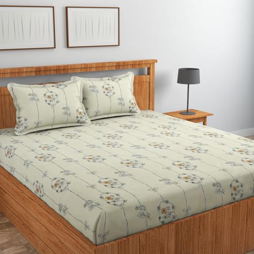 Image of NHD HOME Premium Cotton Flat Double Bedsheets with 2 King Size Pillow Covers | Double Bed Breathable | Wrinklefree | Ultrasoft 220 tc Supersoft Floral | 90x90 Inches, Olive Green