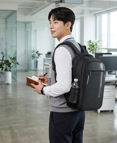 Image of Black Laptop Backpack for College, Work and Travel, with Side Mesh Pocket and Padded Shoulder Straps
