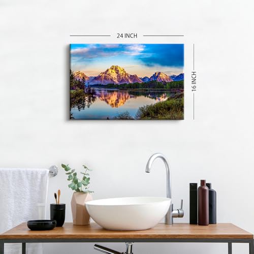 Image of Snowy Mountain Canvas Wall Art for Living Room Decor Nature Sunset Landscape Wall Paintings American Grand Teton National Park Panoramic Photography Pictures Prints Artwork Bedroom Decoration 16x24 inch