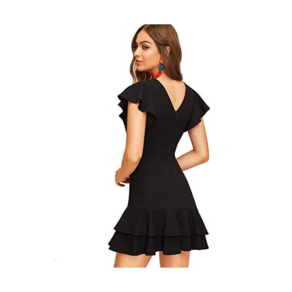 Floerns Women's V Back Inslace Layered Ruffle Hem Flutter Sleeve Dress Black M