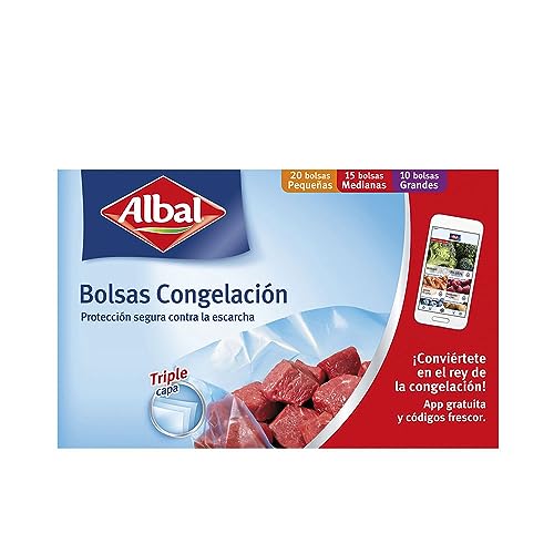 Albal Bolsas Congelación Surtida 1, 3 y 8 Litros, Fabricadas con 70% de Materiales Reciclados, Triple Capa. Resistentes, Reutilizables, Reciclables, 45 Bolsas. Libres de BPA