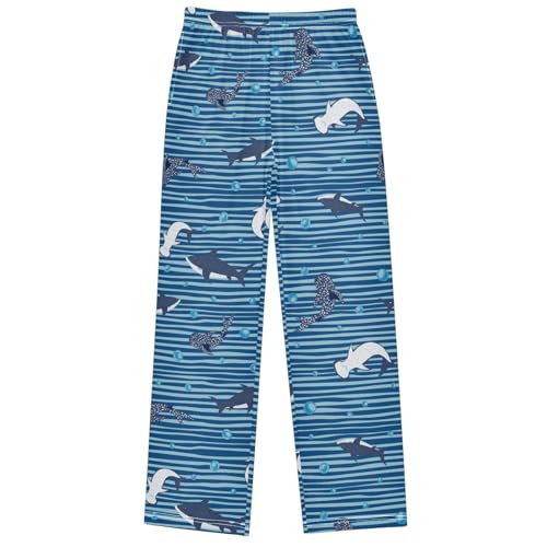 Boy's Lounge Pants Shark White Blue Striped Kids Jogger Pants Elastic Waist Long Bottoms with Pockets 6-14 Years