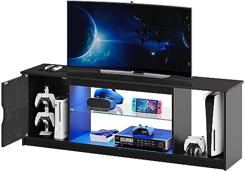 Bestier Led Entertainment Center for PS5, Gaming TV Stand with Cabinet for 65/70 Inch TV, Modern TV Console with Adjustable Glass Shelf for Living Room Bedroom Gaming Room Easy Assembly Carbon Fiber