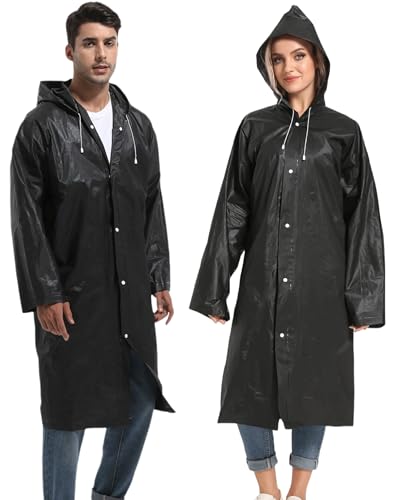 Borogo Rain Ponchos for Adults Reusable 2Pcs Raincoats Emergency Survival With Hoods And Sleeves for Women Men Black