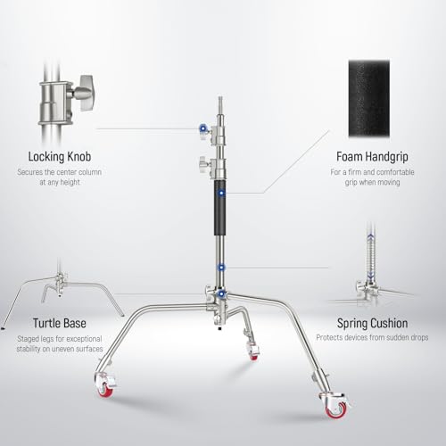 Image of NEEWER SC186W Stainless Steel Heavy Duty C Stand with Swivel Casters | 43 inch-73 inch /110-186cm, Photography Light Stand, 33 inch /83cm Boom Arm, 2 Grip Heads, for Studio Monolight, Softbox, Reflector