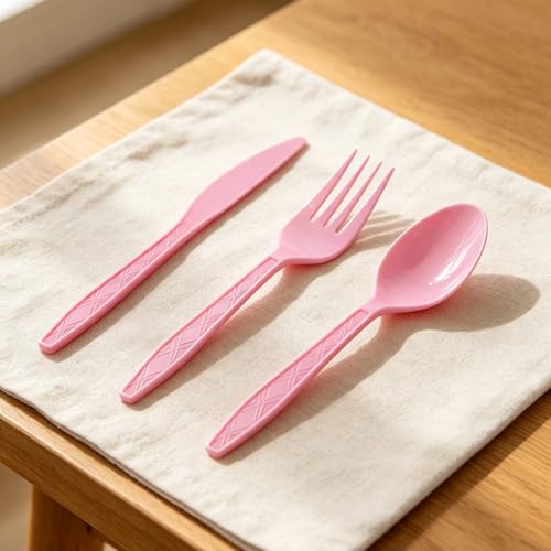 180-Piece Pink Heavy Duty Disposable Cutlery Set – Plastic Utensils with 60 Forks, 60 Knives, 60 Spoons for Party, Wedding, Birthday Supplies by Laoha - Used condition - Image 3