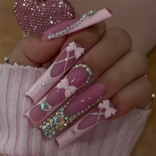 Image of Long Square Press on Nails Pink French Tip Fake Nails Xl False Nails with Bow Rhinestones Designs Long Nails Press ons Sparkly Glue on Nail Full Cover Stick on Nail for Women 24Pcs