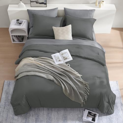 Image of Queen Comforter Set-7 Pieces Soft Prewashed Bed in a Bag Queen Bedding Sets | All Season Comforter with Sheets, Pillow Shams & Pillowcases, Grey