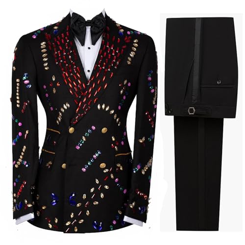 Mens 2 Pieces Luxury Suit with Colored Diamond Slim Fit Peaked Lapel Blazer Jacket Pants Set for Prom,Party,Dinner