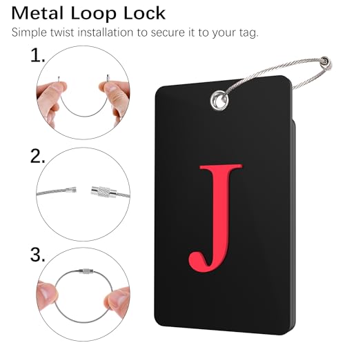 Gostwo 2 Pack Luggage Tags for Suitcases, 26 Initial Letter Travel Luggage Baggage Identification Labels ID Tag Fully Bendable Tags with Stainless Steel Loop (Black) (Letter J)