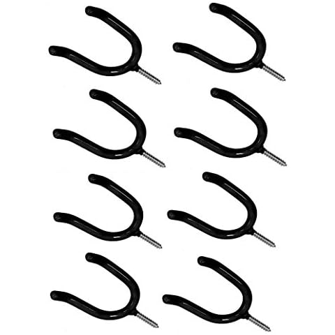 ALAZCO 8 Black Vinyl Coated Steel Wall Mount Screw-in Heavy Duty Tool Holders 4” Utility U-Hooks for Garage Workshop Storage Hang Shovels Rakes Brooms Garden Tools Sports Equipment Tennis Racket Cover