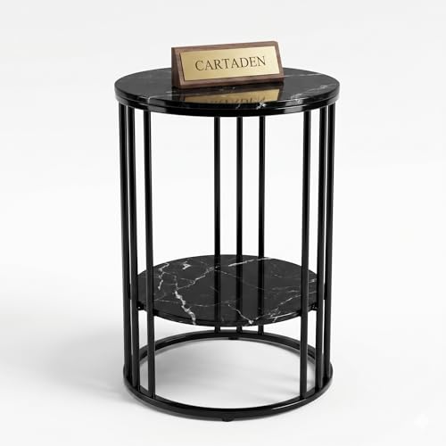 Image of CARTADEN Side Table, Small Round End Table with Lower Shelf, Nightstand for Small Spaces, Bedside Coffee Table for Living Room, Bedroom Full Black