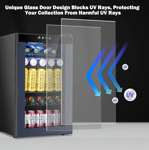 Image of COWSAR Mini Fridge Cooler, 95 Can Beverage Refrigerator with Glass Door, ETL Approved Wine Fridge with Digital Temperature Control, LED Light for Home, Office, Bar, and Game Room - 2.6 Cu.Ft. Black
