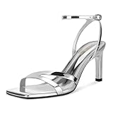 wetkiss Silver Heels Stiletto Heels Square Open Toe Strappy High Heels with Buckle Ankle Strap Heeled Sandals for Women Comfortable Summer Prom Dressy Shoes (Sliver Size7.5)