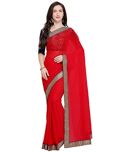Saree Swarg Women's Faux Chiffon Red Indian Saree with Blouse Piece