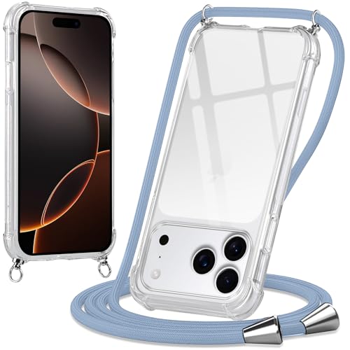 Oelrstfe Funda para iPhone 17 Pro MAX con Cuerda, Transparente TPU Suave Silicona Carcasa con Correa Colgante Ajustable Collar para iPhone 17 Pro MAX, Azul