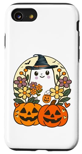 ヴィンテージのカボチャのハロウィーンを備えた面白い花の幽霊 スマホケース iPhone SE (2020) / 7 / 8 用