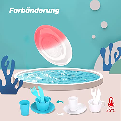cute stone Küchenspüle Spielzeug Set mit warmbarem Wasser-Recycling Wasserhahn und Waschbecken, Wärme Farbwechsel Geschirr Set, mit Obst-Schneiden für Kinder ab 3 Jahre (Blau)