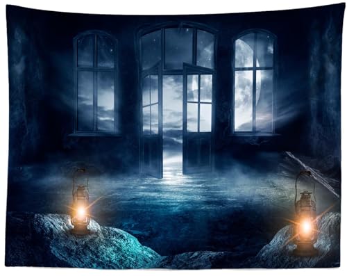 Loccor Dark Horror House Tapestry Old Abandoned Ruined House Interior Windows and Open Doors Tapestry Halloween Haunted House Escape Room Party Decorations Wall Decor 60L''x50W''