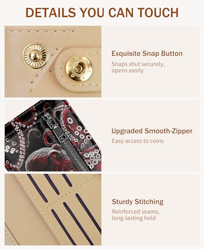 Image of Immaturus Womens Wallet, Octopus Slim Thin RFID Blocking Credit Card Wallets, Long Bifold PU Leather Card Holder Organizer, Cute Cash Clutch Billfold with Zipper Coin Pocket Ladies Girls Gift
