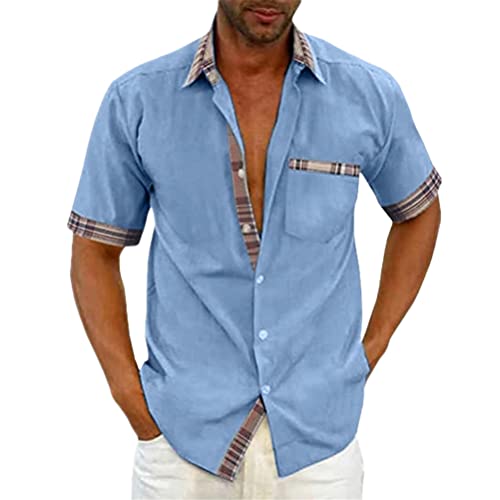 Minetom Chemisette Homme Plage Chemise Manches Courtes Business Slim Fit Carreaux Imprimé DéContracté Tops Blouse avec Poche Poitrine A Bleu Clair 3XL