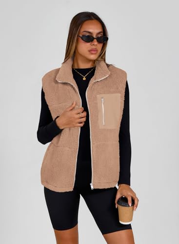 SimpleFun Women's Fuzzy Fleece Vest Trendy Zip Up Sleeveless Sherpa Jacket Stand Collar Winter Coat Outerwear with Pockets4