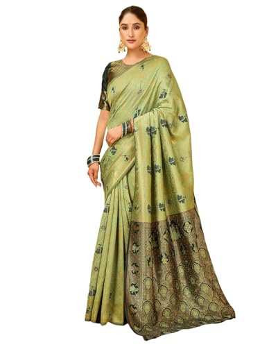 Satrani Women's Banarasi Silk Weaving Stone Work Saree With Unstitched Blouse Piece (4246S6722N_Pista Green)