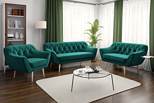 MKS MEBLE Sofa Grün - Moderne Sofa Set 3+2+1 - Skandinavische Deko Polstersofa - Pirs Zwei Loungesofas und Sessel - Sechs Personen Dunkelgrün – Bild 3