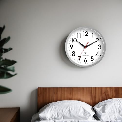 Image of DAXSMY Atomic Wall Clock Analog 10 Inch Battery Operated Modern Decorative for Living Room Kitchen Office Bedroom Bathroom(Silver)