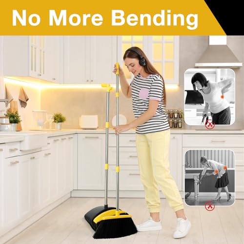 Image of Broom and Dustpan Set, Long Handle Lightweight Dustpans with Broom Combo for Home, Indoor&Outdoor Sweeping for Home Room Kitchen Office Lobby (Black Yellow)
