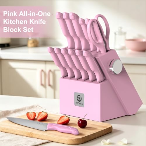 Image of imarku Pink Kitchen Knife Set, 14-Piece Knife Set with Block and Sharpener | Japanese stainless steel |15 edges|non-slip handles| built-in sharpener and dishwasher-safe design