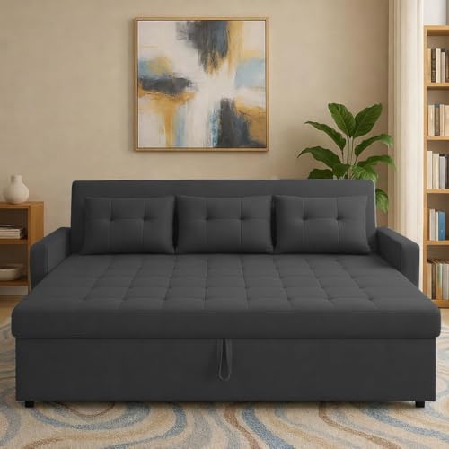 Image of Casaliving Treshta 3 Seater Pull-Out Premium Fabric Sofa Cum Bed Sofa Set for Living Room (Black Fabric Color) Premium Fabric Sofa Set for Living Room Sofa Cum Bed Sofa