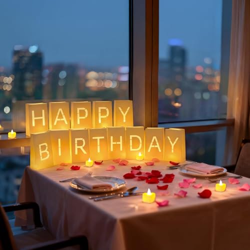 Image of Happy Birthday Decorations for Women Men, Light Up Letters Luminary Bags with 30PC Bright LED Candles and 2000PC Fake Rose Petals, Surprise Birthday Party Banner Signs