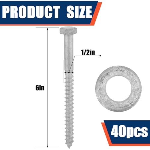 Image of Tandefio 40 Pack 1 /2'' X 6'' Lag Screw Bolts with Washer Galvanized | Hex Head Wood Screws, Heavy Duty Lag Bolt, Self Tapping Lag Screw, for Decks Fences Woodworking